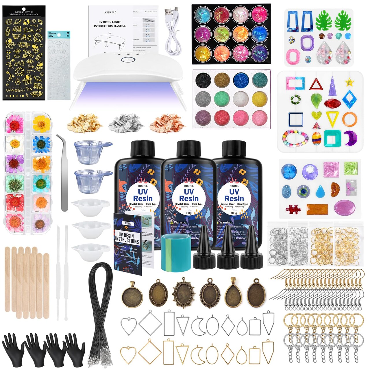 UV Resin Jewelry Making Kit, 300g Crystal Clear Resin with Light and Molds, DIY Jewelry Making Kit, Resina Starter Kits for Keychain and Earring